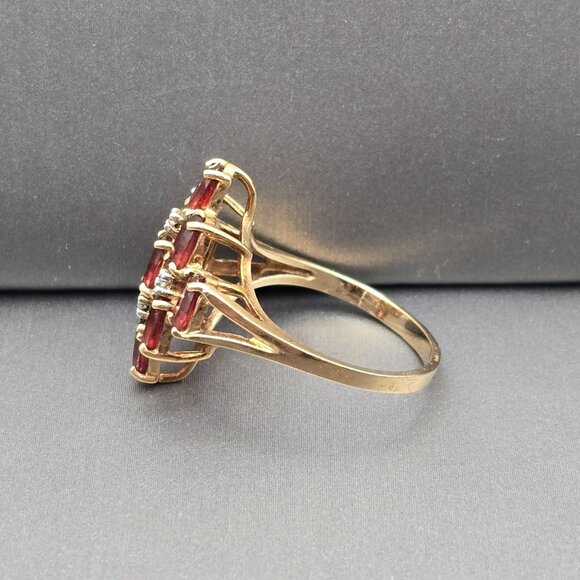 10K Yellow Gold Garnet & Diamond Ring Size 7 Signed CI 9 Oval Gemstones 3.03g - Picture 2 of 12